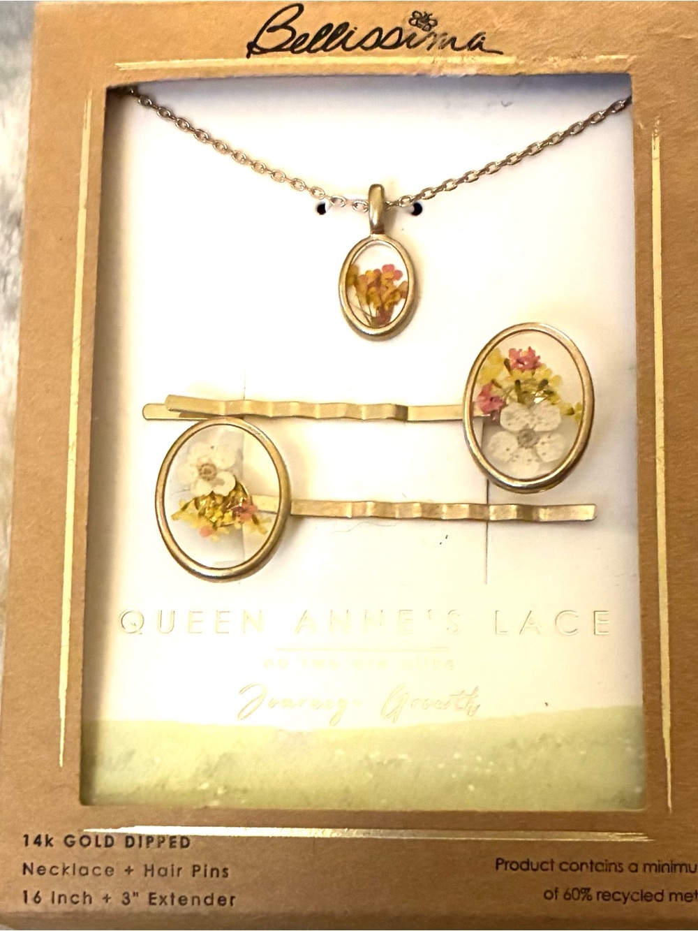 New Bellisima 16 + 3” gold dipped Floral Necklace/Hair Pins - Pink/Yellow Flower